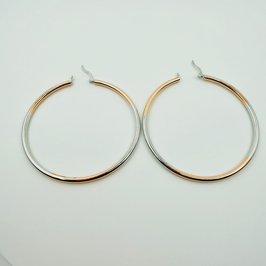 60mm two-tone sterling silver hoop earrings with half gold and half silver finish