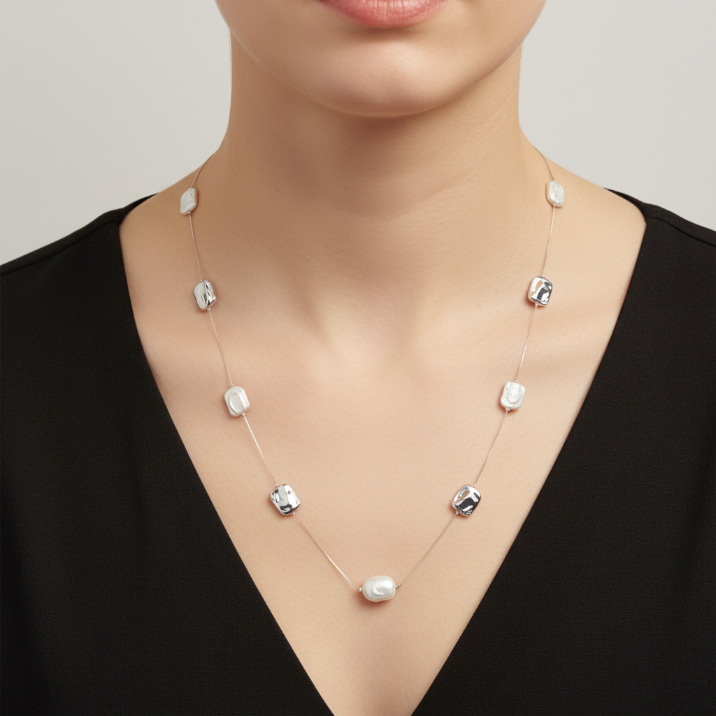 model wearing silver and pearl necklace