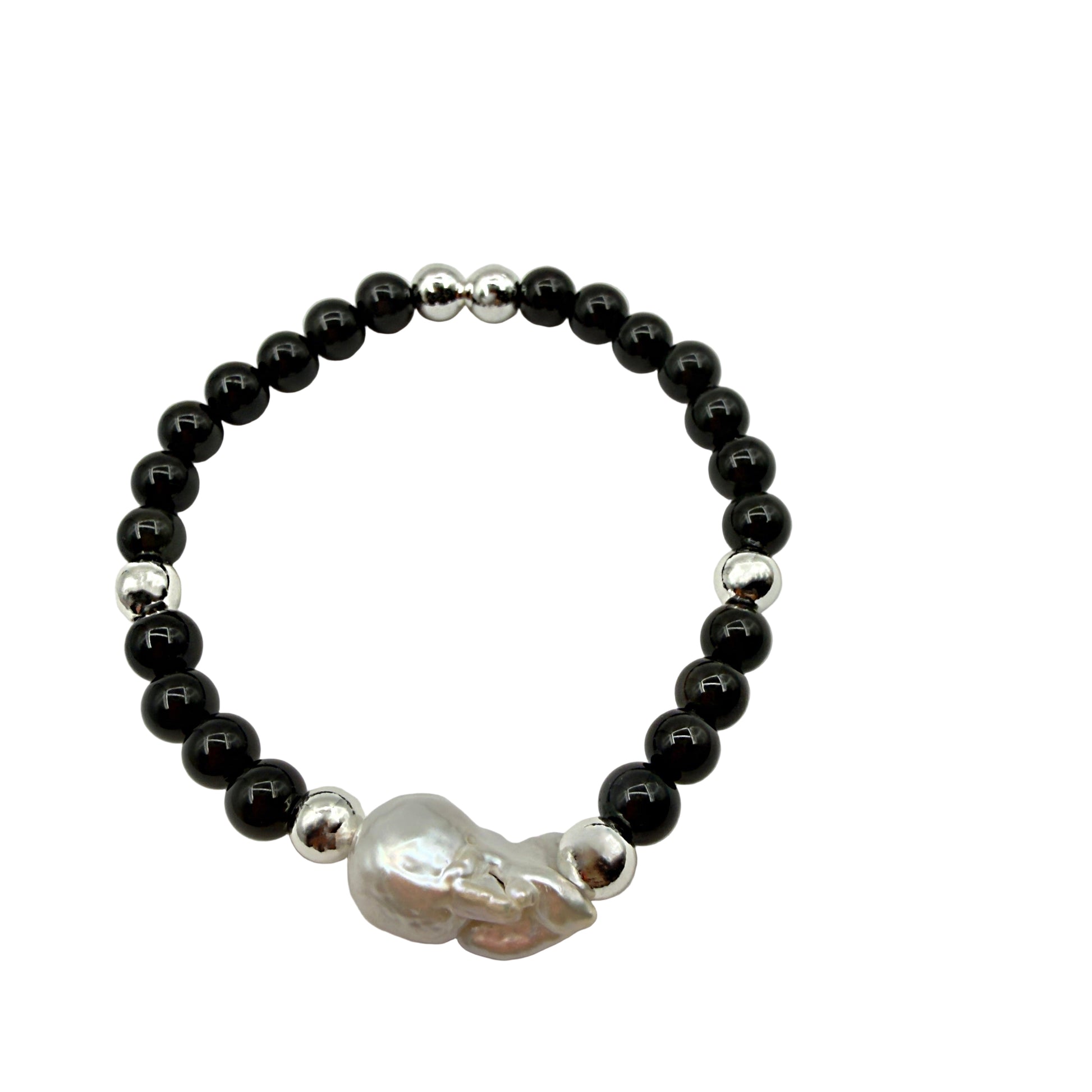 Image showing the full length of the obsidian and pearl beaded bracelet.