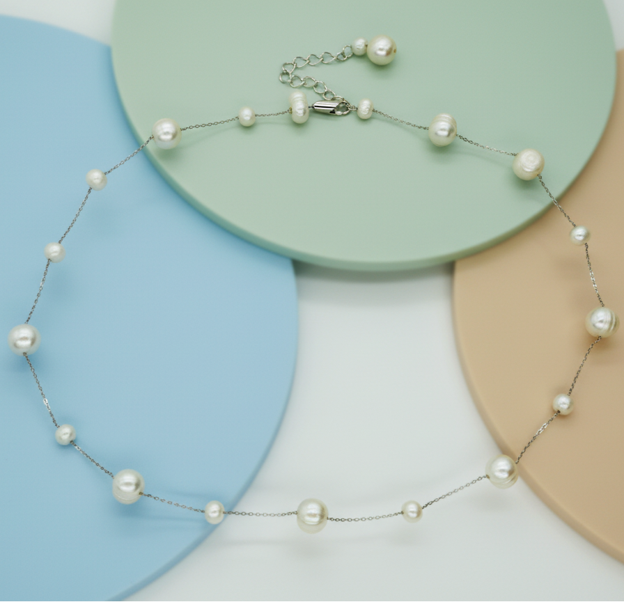 Pearl necklace on a pastel-colored circular background