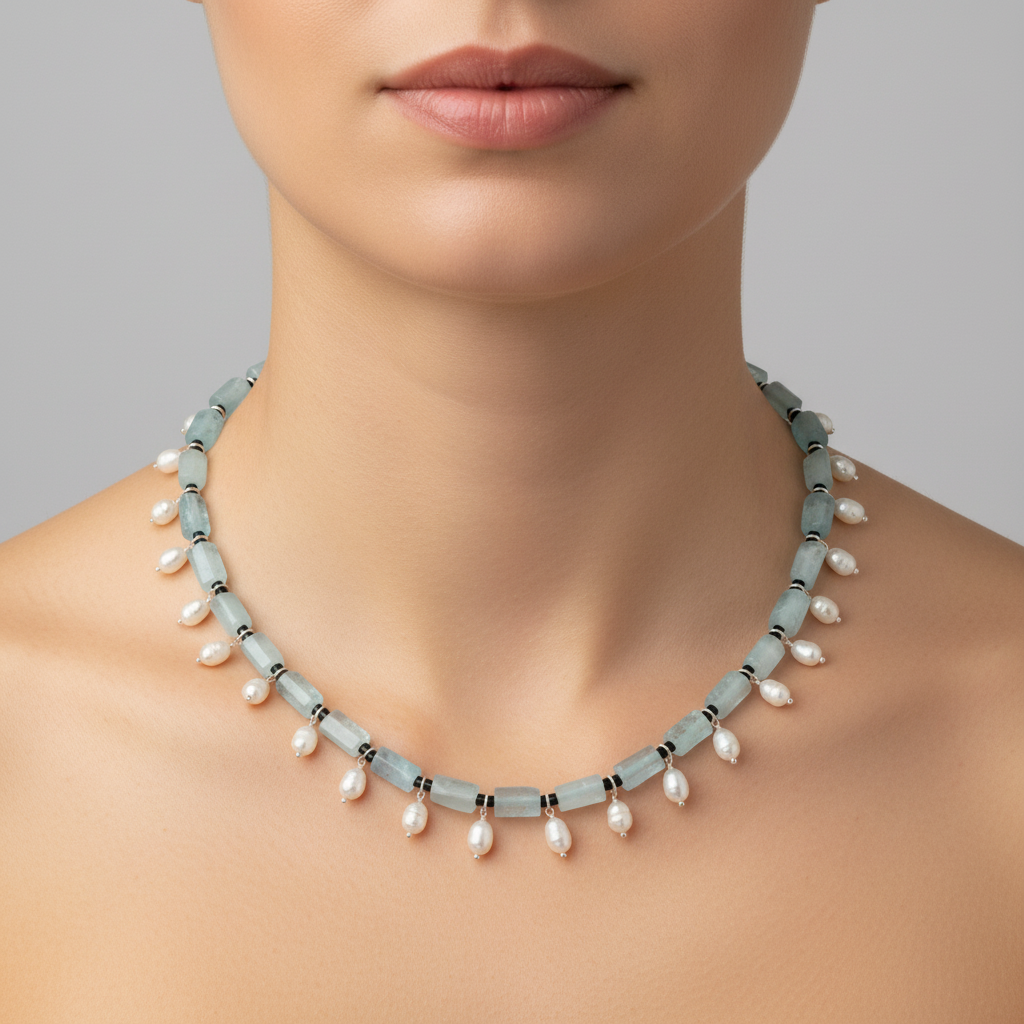 Pearl necklace on a model with a neutral background