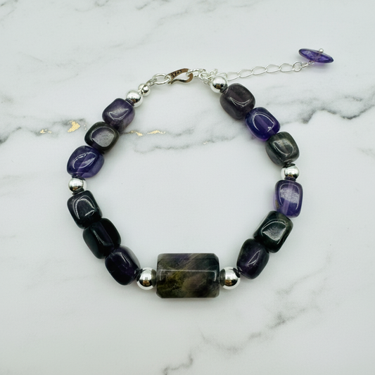 17cm amethyst bracelet with  raw amethyst on white background
