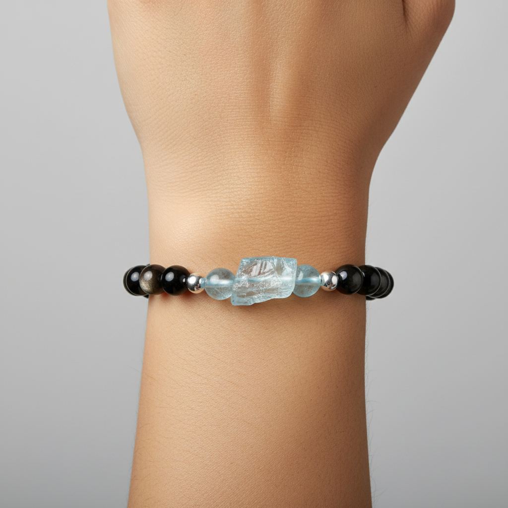 Beaded bracelet with obsidian and light blue aquamarine on a model