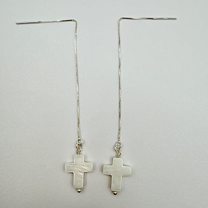 Sterling Silver Dangle Earrings with Pearl Cross