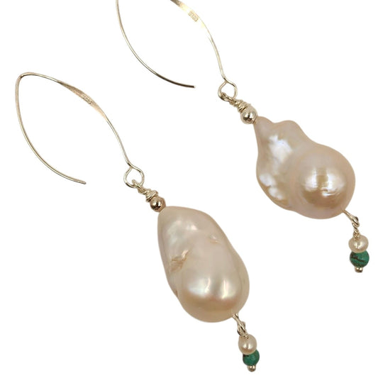 925 sterling silver hook drop earring with 25mm baroque pearl and turquoise accent, 74mm total length