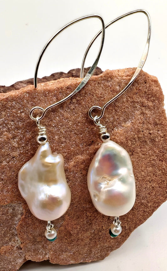 925 sterling silver hook drop earring with 25mm baroque pearl and turquoise accent, 74mm total length