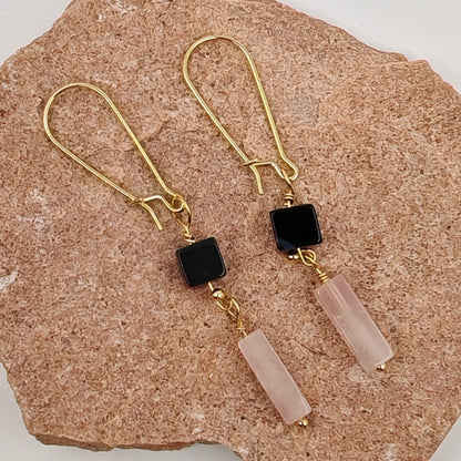 Drop earrings with black agate square and pink quartz cylinder on 14K gold-plated silver wire