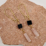 Drop earrings with black agate square and pink quartz cylinder on 14K gold-plated silver wire