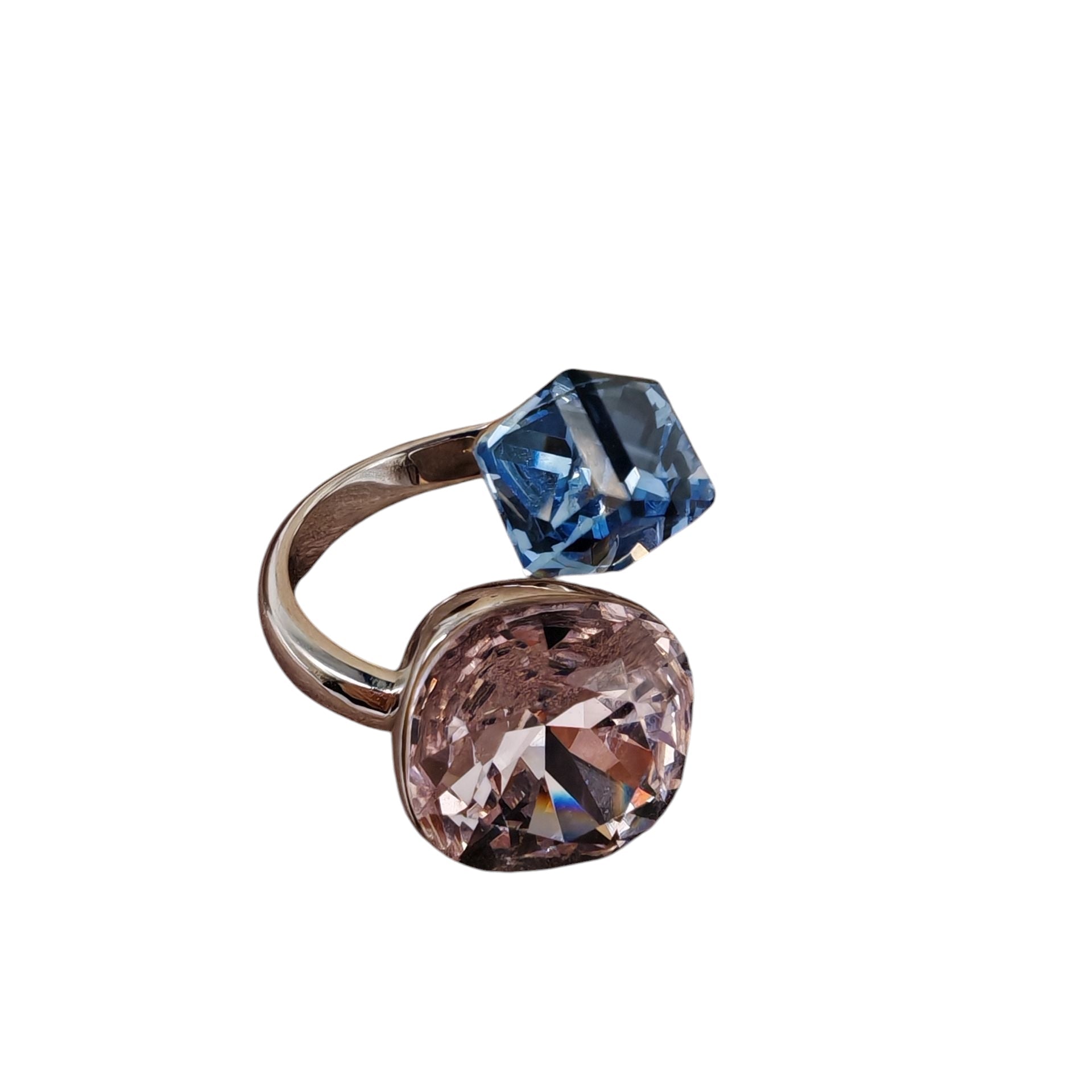 Brass ring with blue octagonal and pink cushion-cut Austrian Crystal