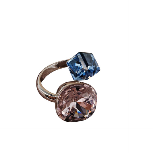 Brass ring with blue octagonal and pink cushion-cut Austrian Crystal