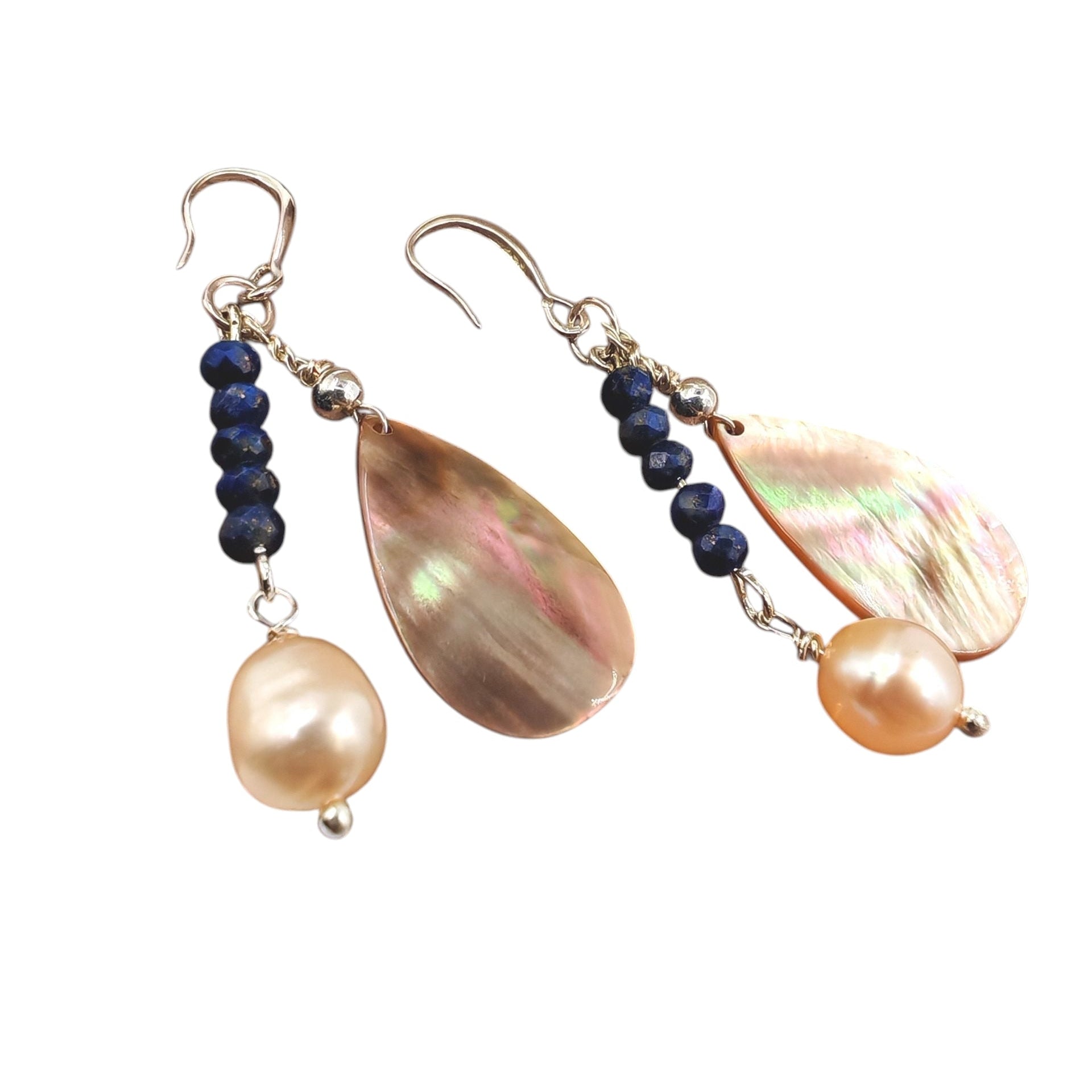 Sterling silver drop earrings with 8mm cultured pearl, lapis lazuli, and teardrop shell