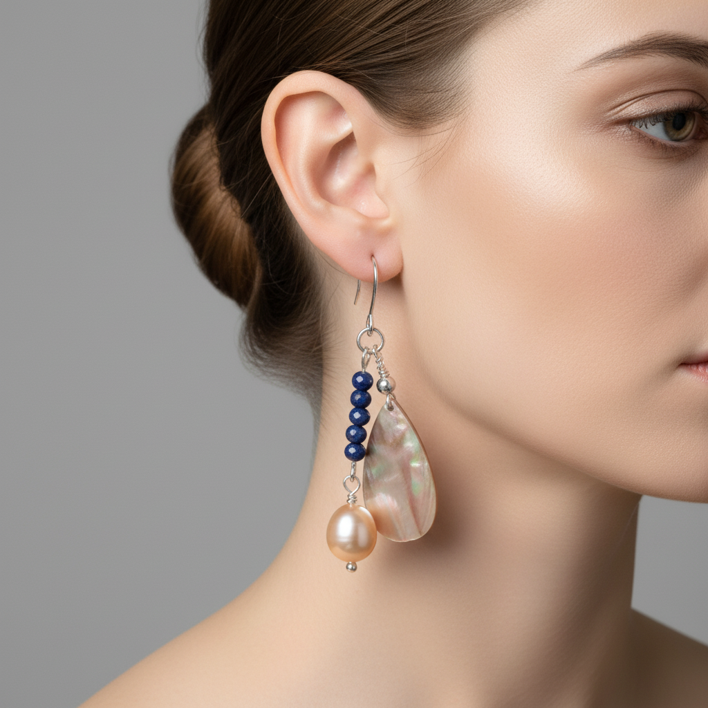 Close-up of a woman wearing a pair of earrings with pearls and blue beads on a neutral background