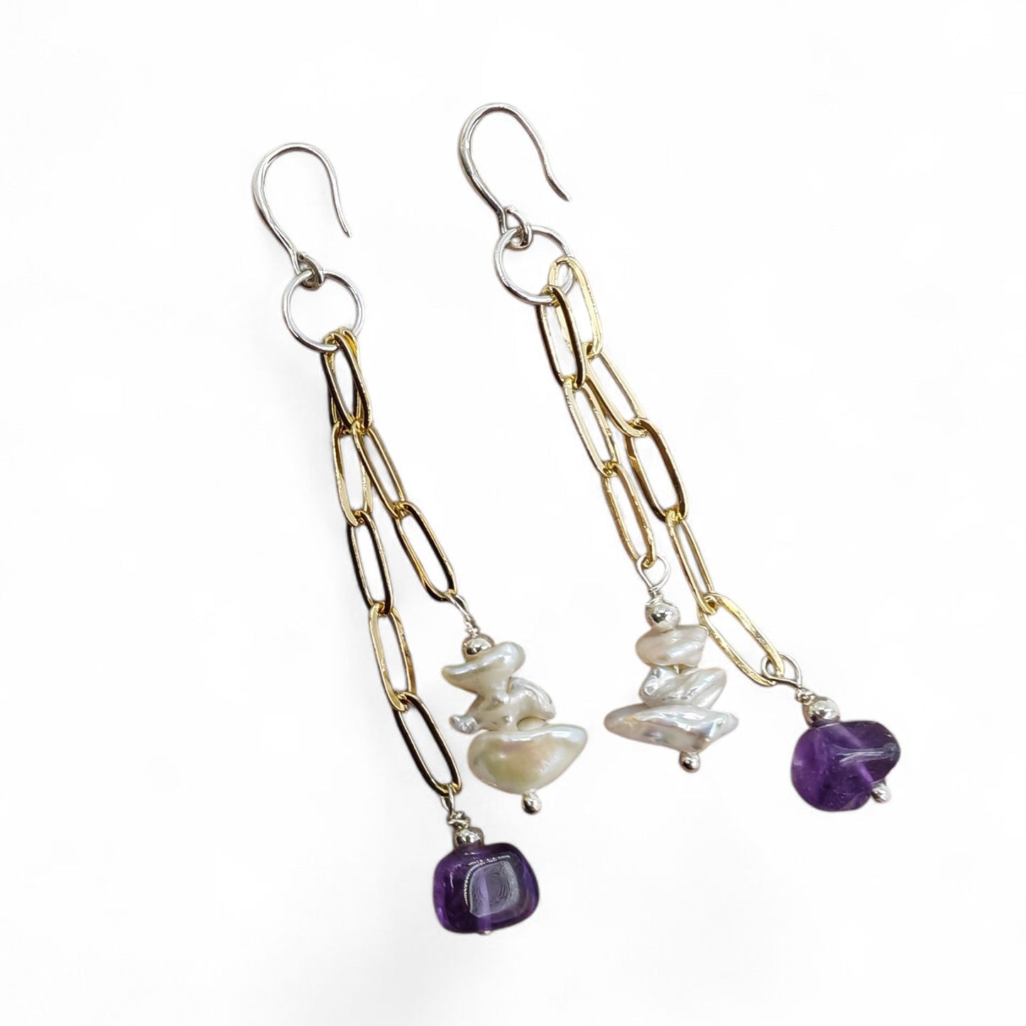 Close-up of baroque pearls and amethyst beads