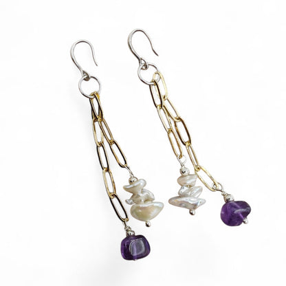 Close-up of baroque pearls and amethyst beads