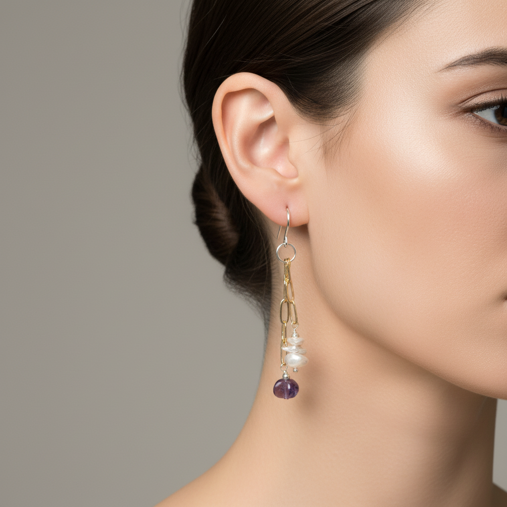 Sterling Silver Hook Earrings – White Baroque Pearl & Amethyst