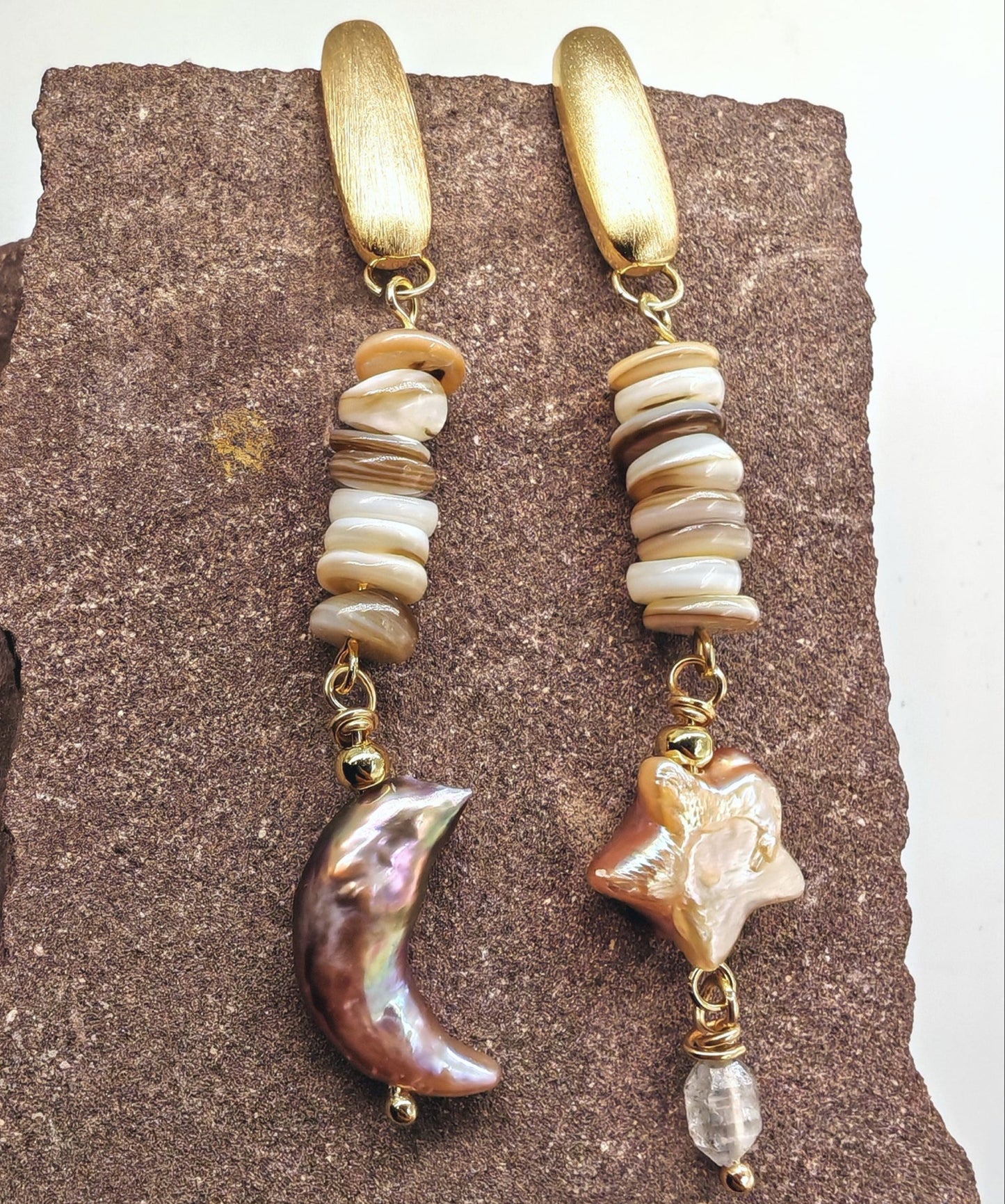 64mm drop earrings with 925 sterling silver needle, 14K gold-plated brass, baroque moon and star pearls, shell, and Herkimer diamond
