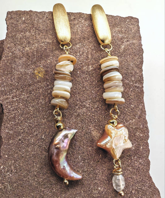 64mm drop earrings with 925 sterling silver needle, 14K gold-plated brass, baroque moon and star pearls, shell, and Herkimer diamond
