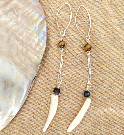 Large 925 sterling silver hook earrings with tiger eye, black agate, and shell tiger tooth
