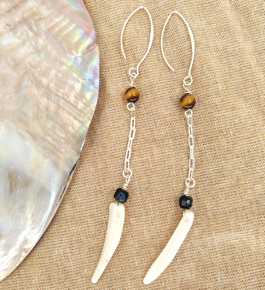 Large 925 sterling silver hook earrings with tiger eye, black agate, and shell tiger tooth