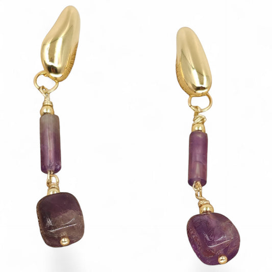 925 sterling silver stud with 14K gold-plated brass dangle and amethyst beads