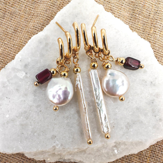 Earring with silver needle post, 14K gold-plated brass triple dangle, baroque pearls, and garnet