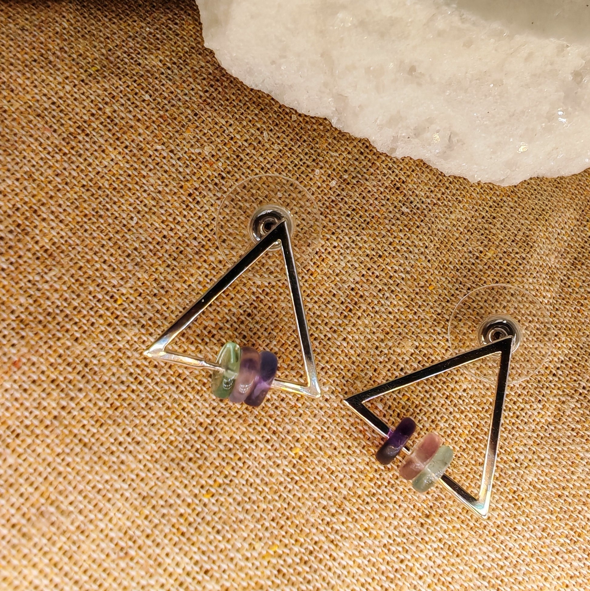 Triangle silver earrings with fluorite beads, 925 sterling silver studs