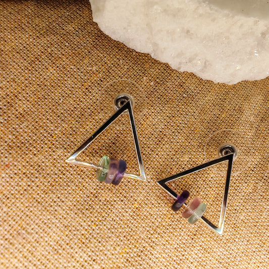 Triangle silver earrings with fluorite beads, 925 sterling silver studs