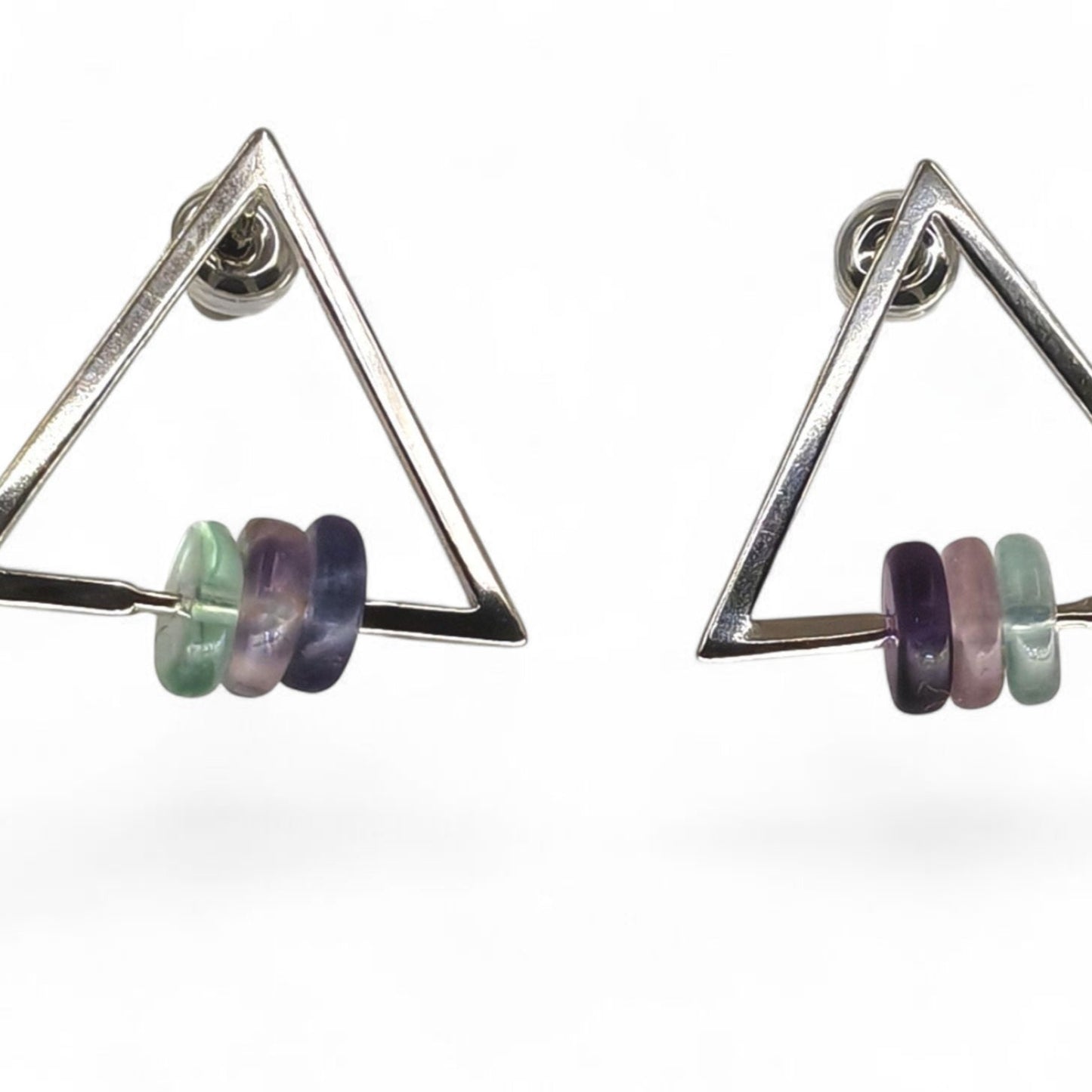 Triangle silver earrings with fluorite beads, 925 sterling silver studs
