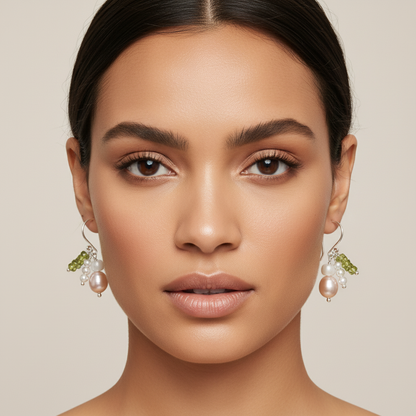 Close-up of a woman wearing pearl earrings with a neutral background