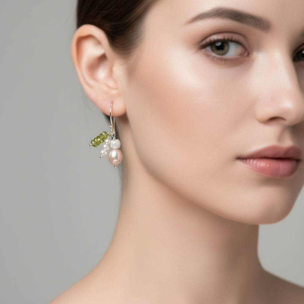 Close-up of a woman wearing a pair of earrings with pearls and green stones on a neutral background