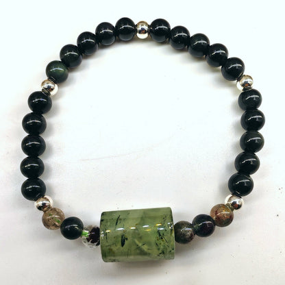 16cm adjustable bracelet with obsidian, silver-plated beads, and green rutilated quartz