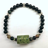 16cm adjustable bracelet with obsidian, silver-plated beads, and green rutilated quartz