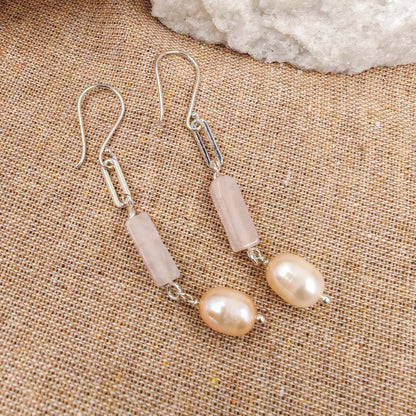 61mm dangle earrings with 925 sterling silver hook, rose quartz block, and 7.5mm cultured pearl

