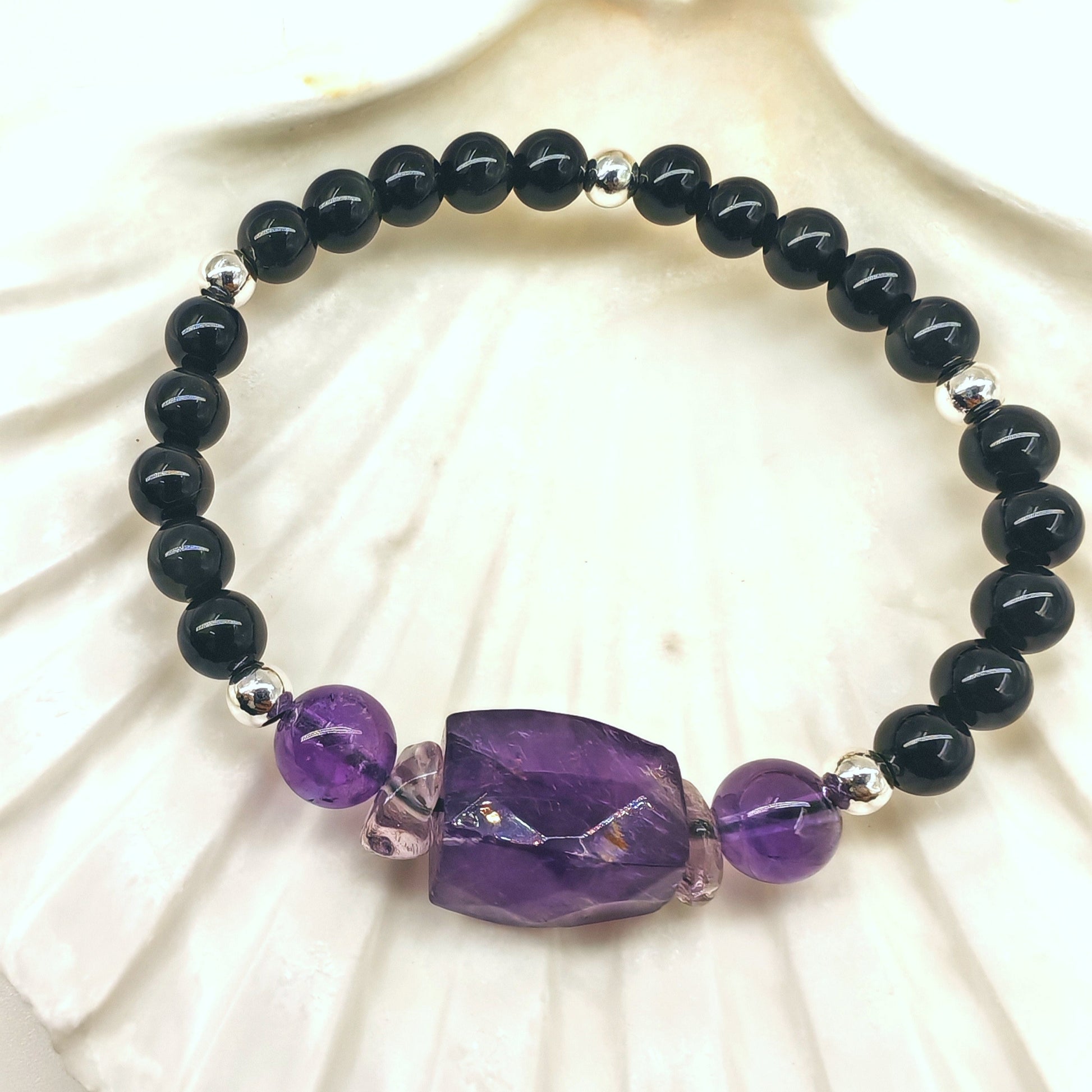 18cm bracelet with 925 sterling silver, 6.3mm obsidian beads, and large amethyst stone
