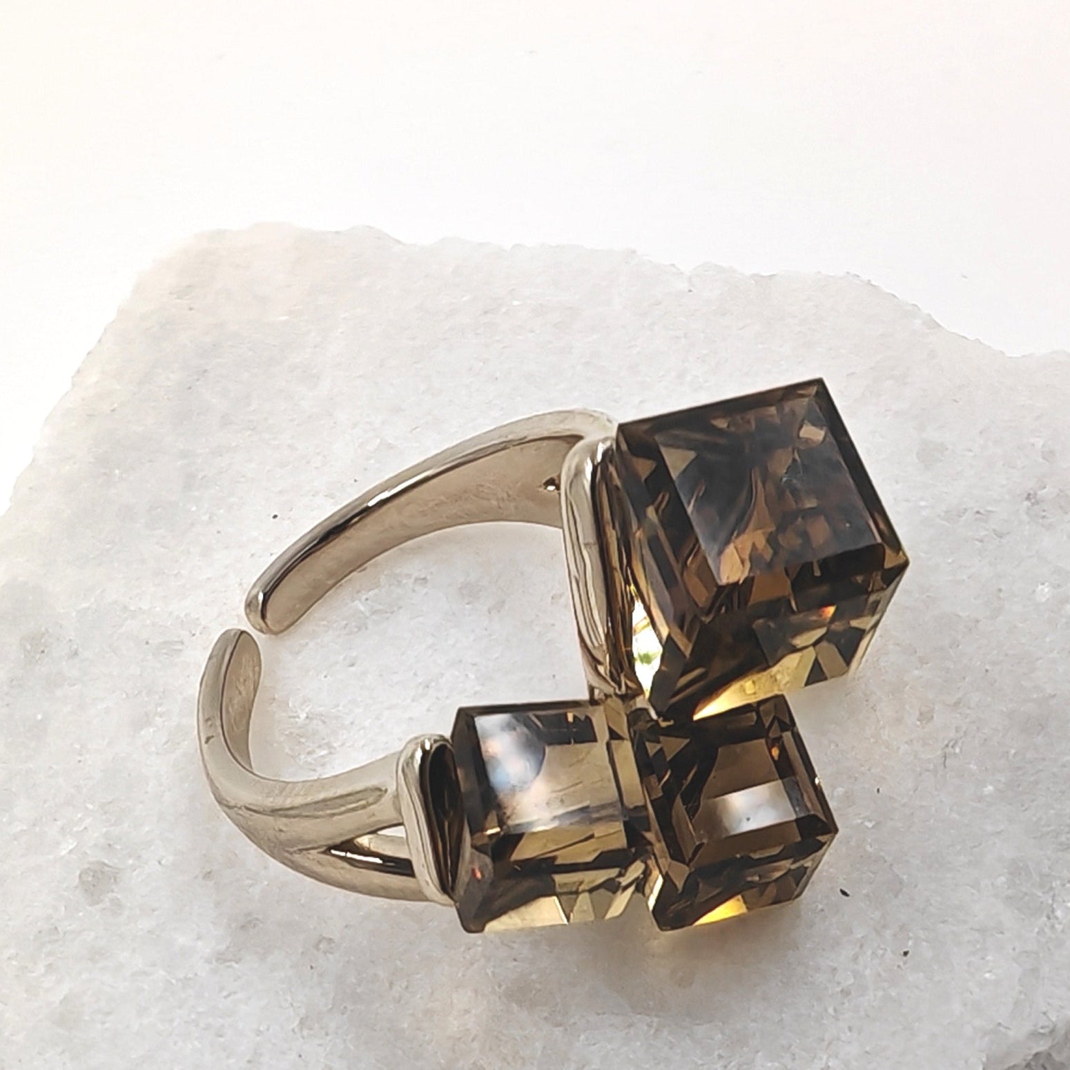 Quad Austrian crystal ring with smoky brown cubes, silver-plated brass, size 6.5