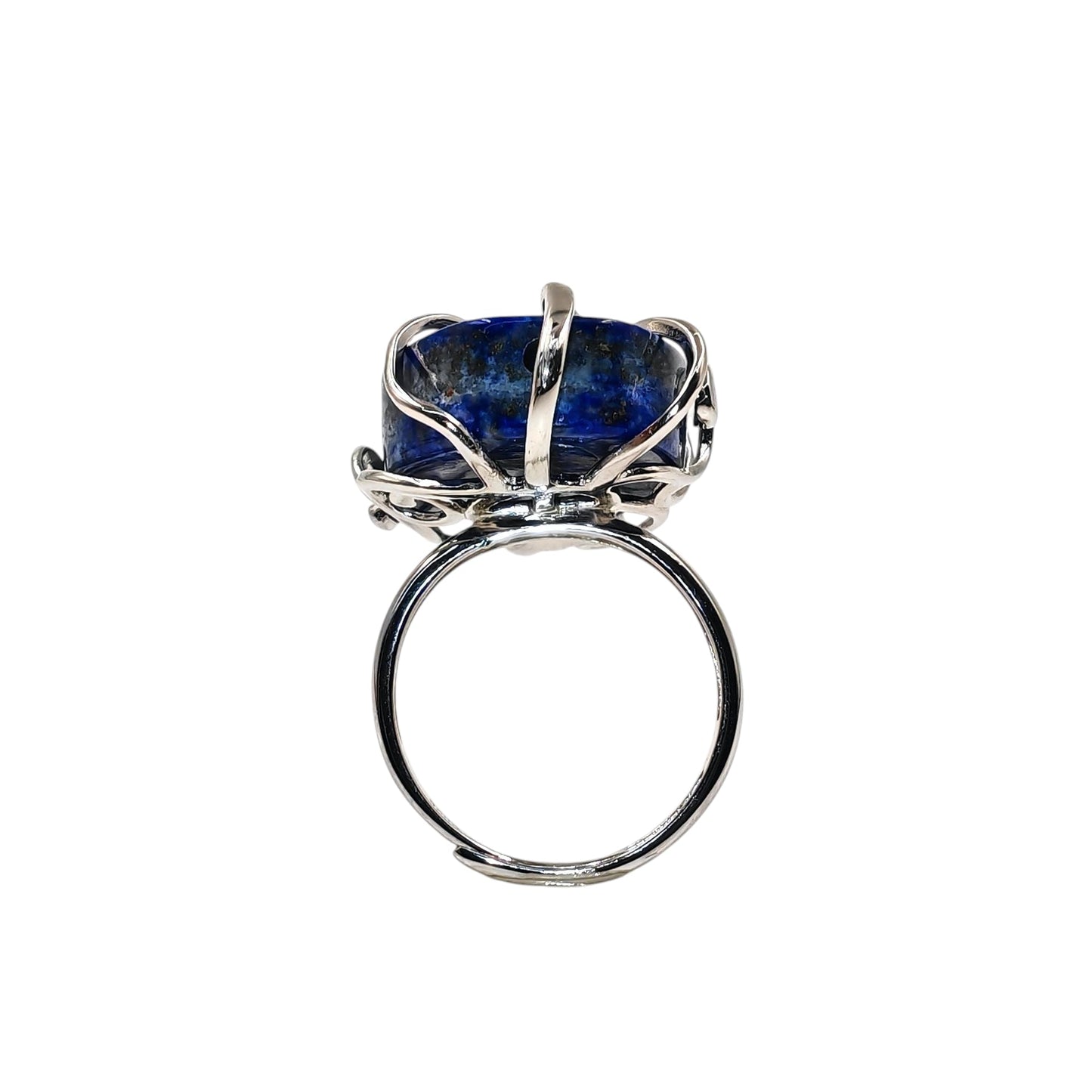 Side view of lapis lazuli ring showing depth and wirework