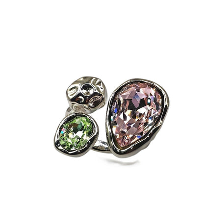 Double Austrian crystal ring with pink and green stones, silver-plated brass