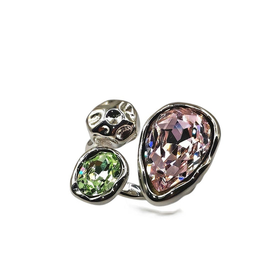 Double Austrian crystal ring with pink and green stones, silver-plated brass