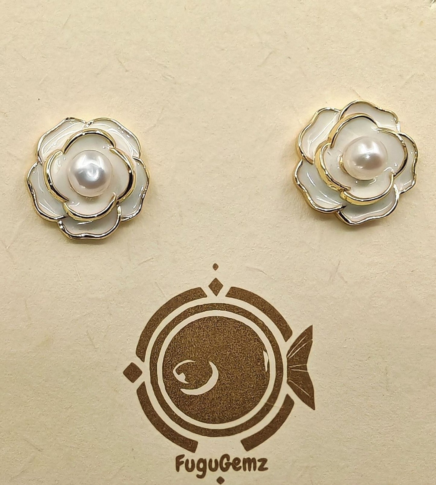 Brass double-petal flower earrings with mother-of-pearl and 5mm centre pearl