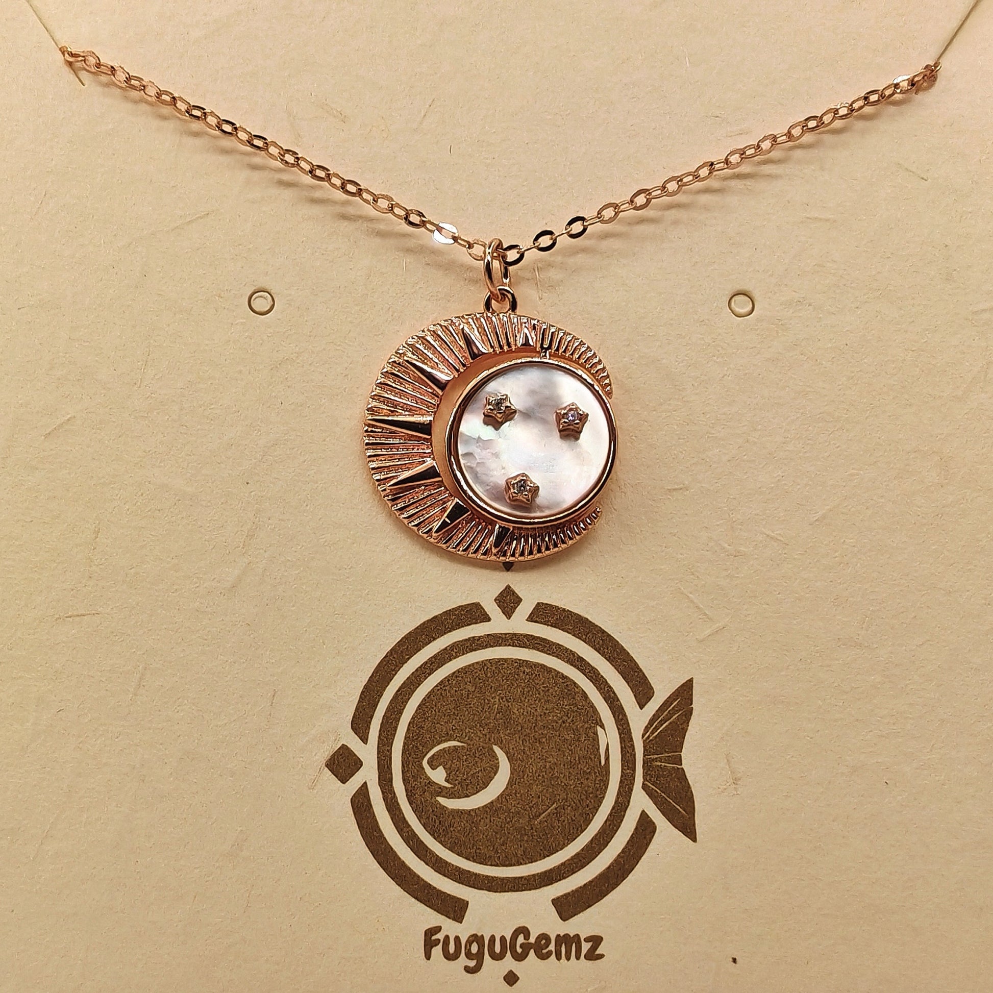 42cm 925 rose gold-plated chain necklace with crescent moon pendant, 10mm mother-of-pearl, and zircon stars