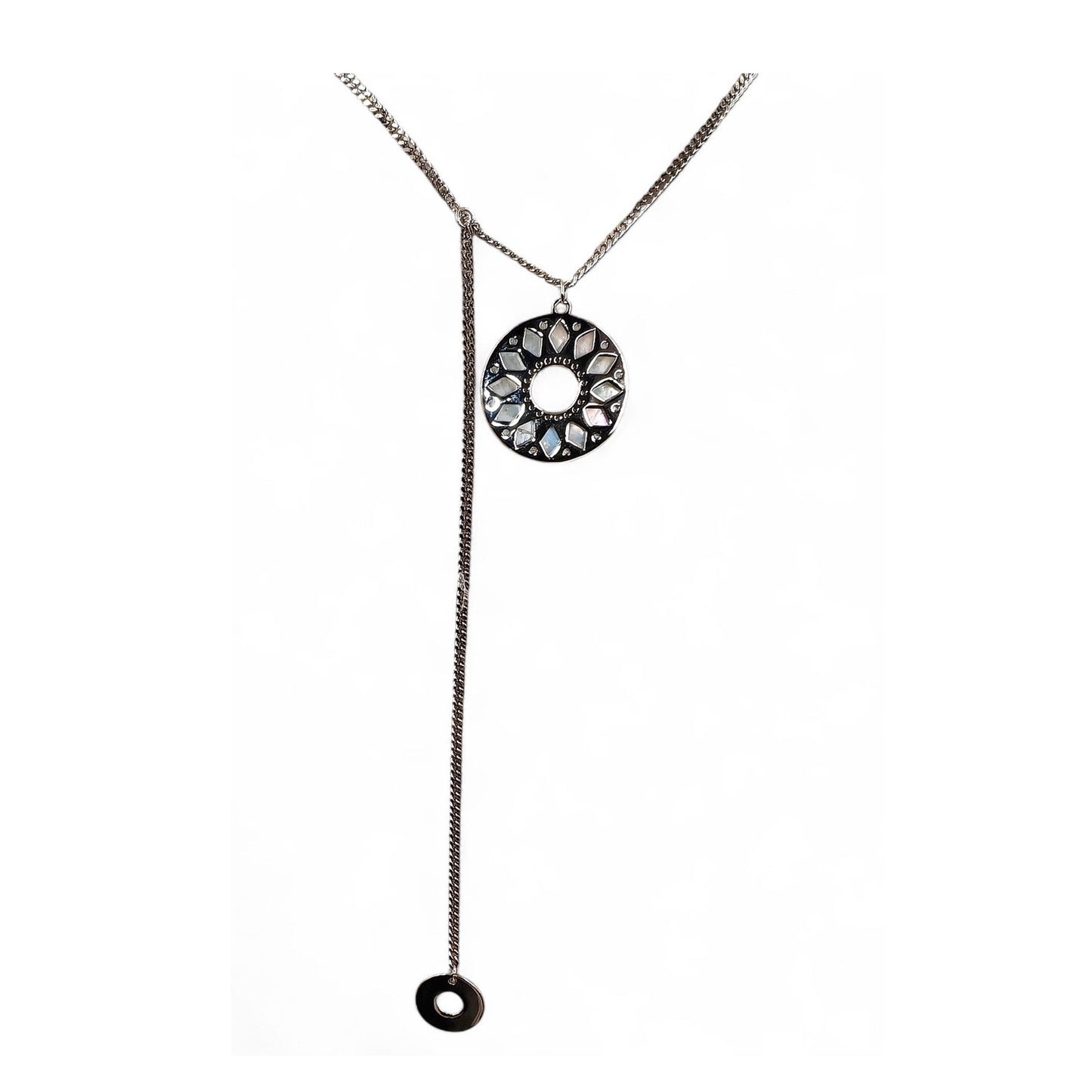 42cm 925 sterling silver lariat necklace with 16mm mother-of-pearl disc, zirconia inlay, and 9mm silver accent