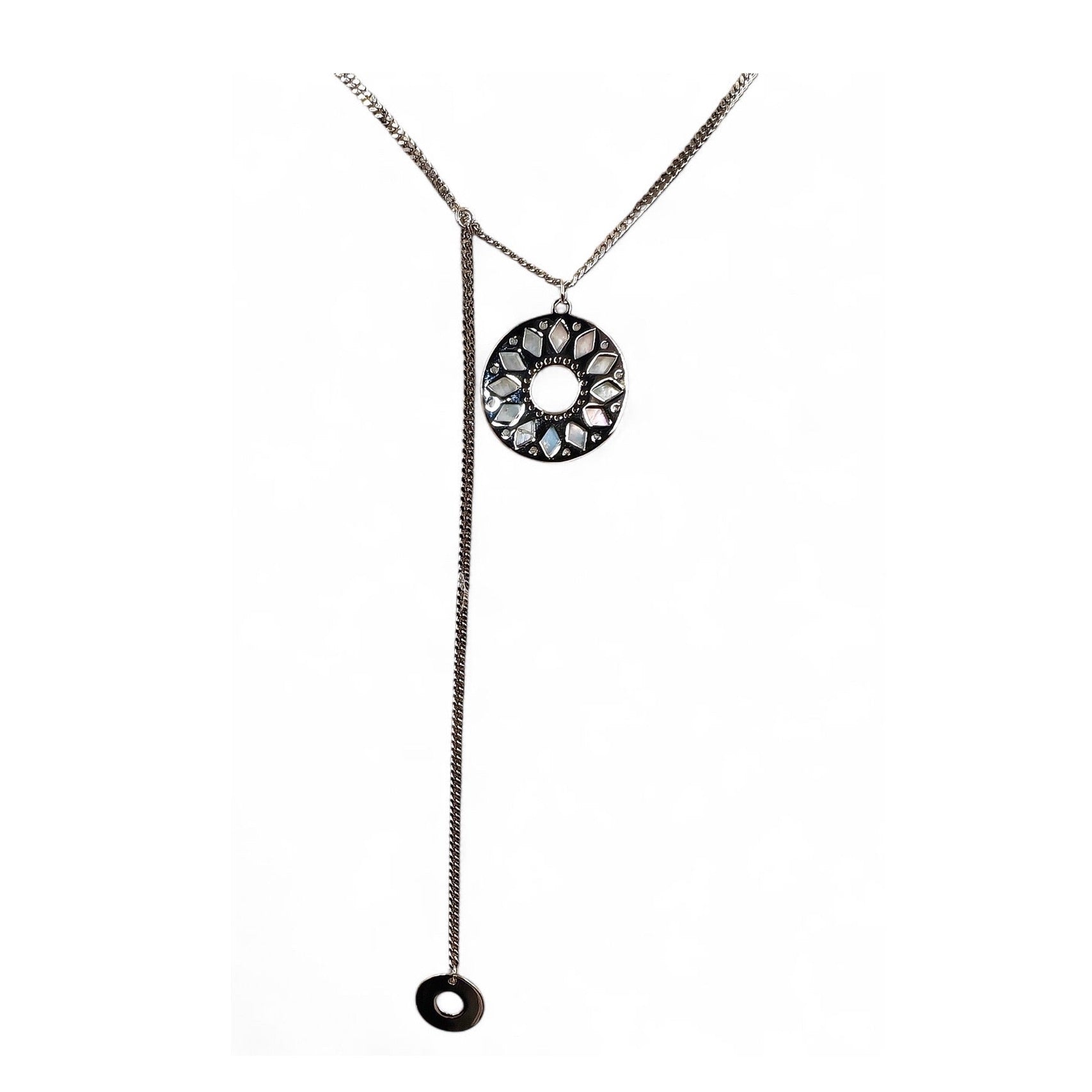 42cm 925 sterling silver lariat necklace with 16mm mother-of-pearl disc, zirconia inlay, and 9mm silver accent
