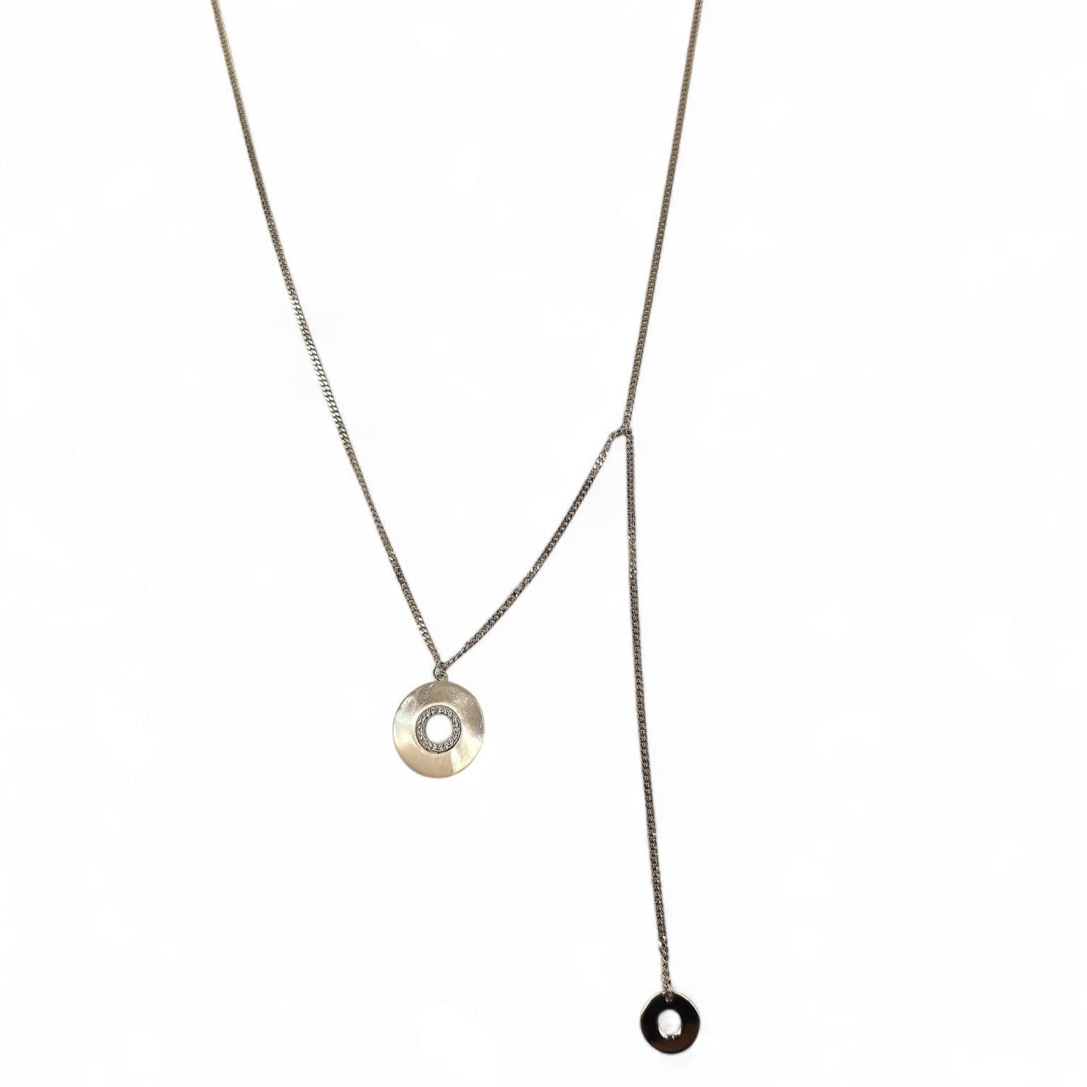 42cm 925 sterling silver lariat necklace with 16mm mother-of-pearl disc, zirconia inlay, and 9mm silver accent
