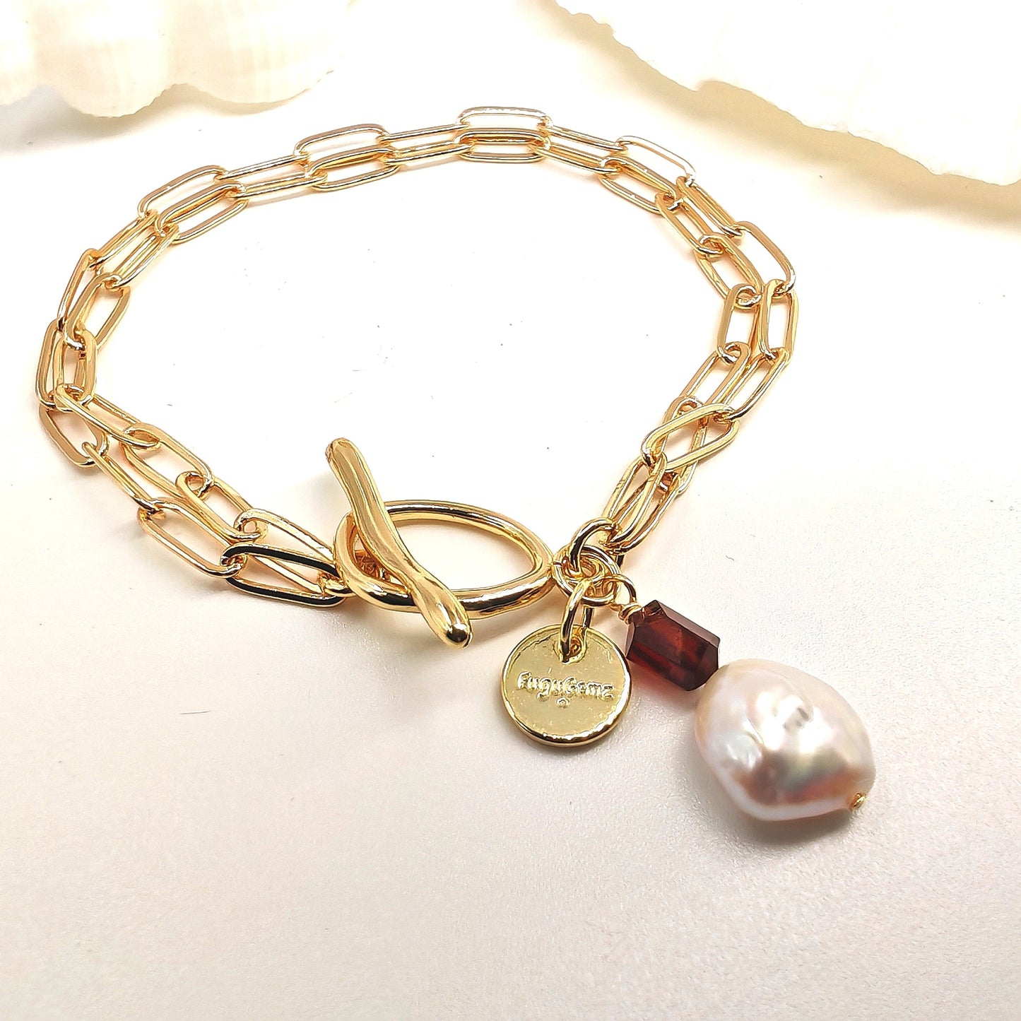 14K gold-plated double chain bracelet with 10mm baroque pearl and 5x4mm red garnet
