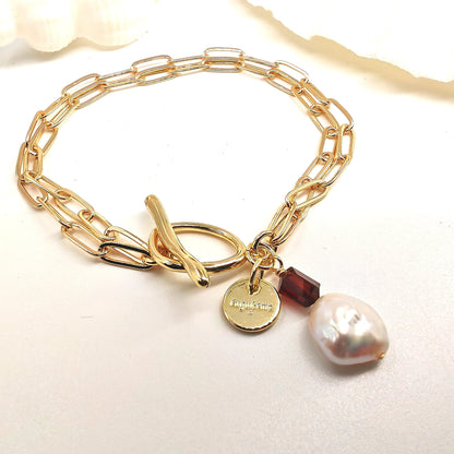 14K gold-plated double chain bracelet with 10mm baroque pearl and 5x4mm red garnet
