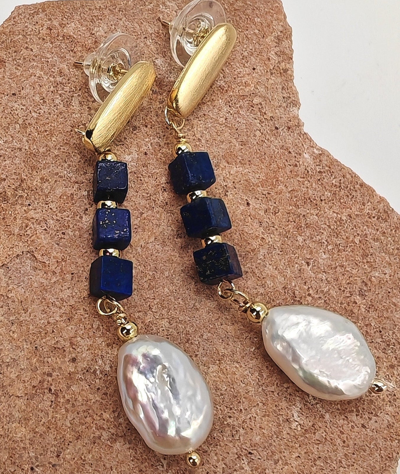 14k gold-plated brass dangle earrings with 3 lapis cubes and 15x11mm baroque pearl
