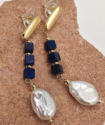 14k gold-plated brass dangle earrings with 3 lapis cubes and 15x11mm baroque pearl
