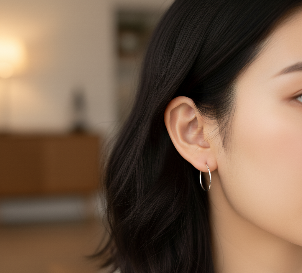 Woman wearing 30mm sterling silver hoop earrings with natural makeup and loose hair