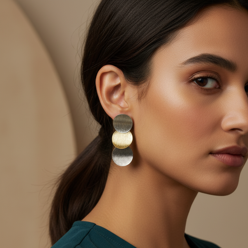 Woman wearing triple brushed polka dot earrings with natural makeup and loose hair 