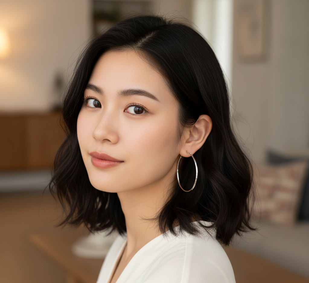 Woman wearing 50mm sterling silver hammered hoop earrings with natural makeup and loose hair